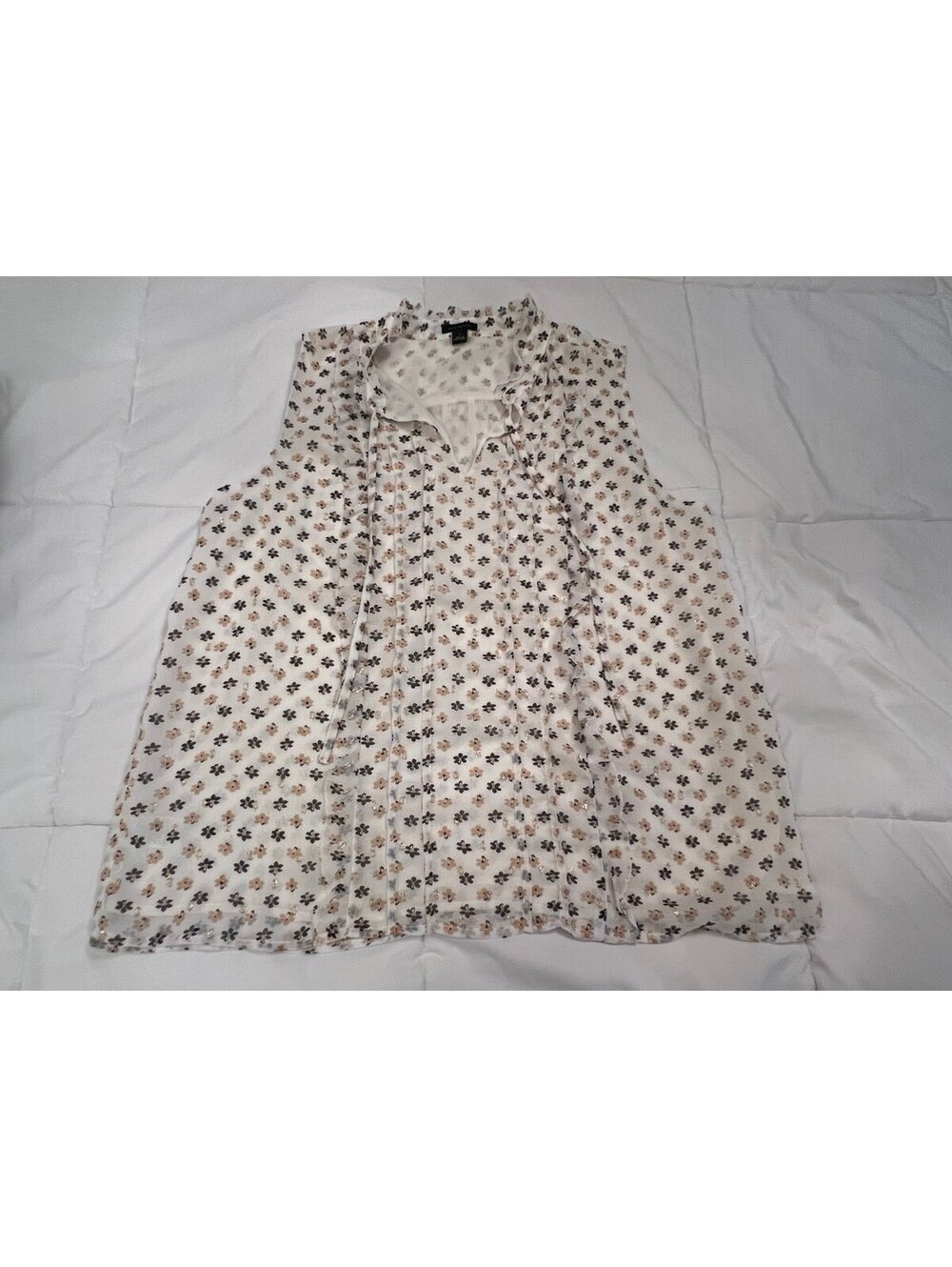 Ann Taylor Large Tan, white black daisies gold thread ruffle sleeveless blouse
